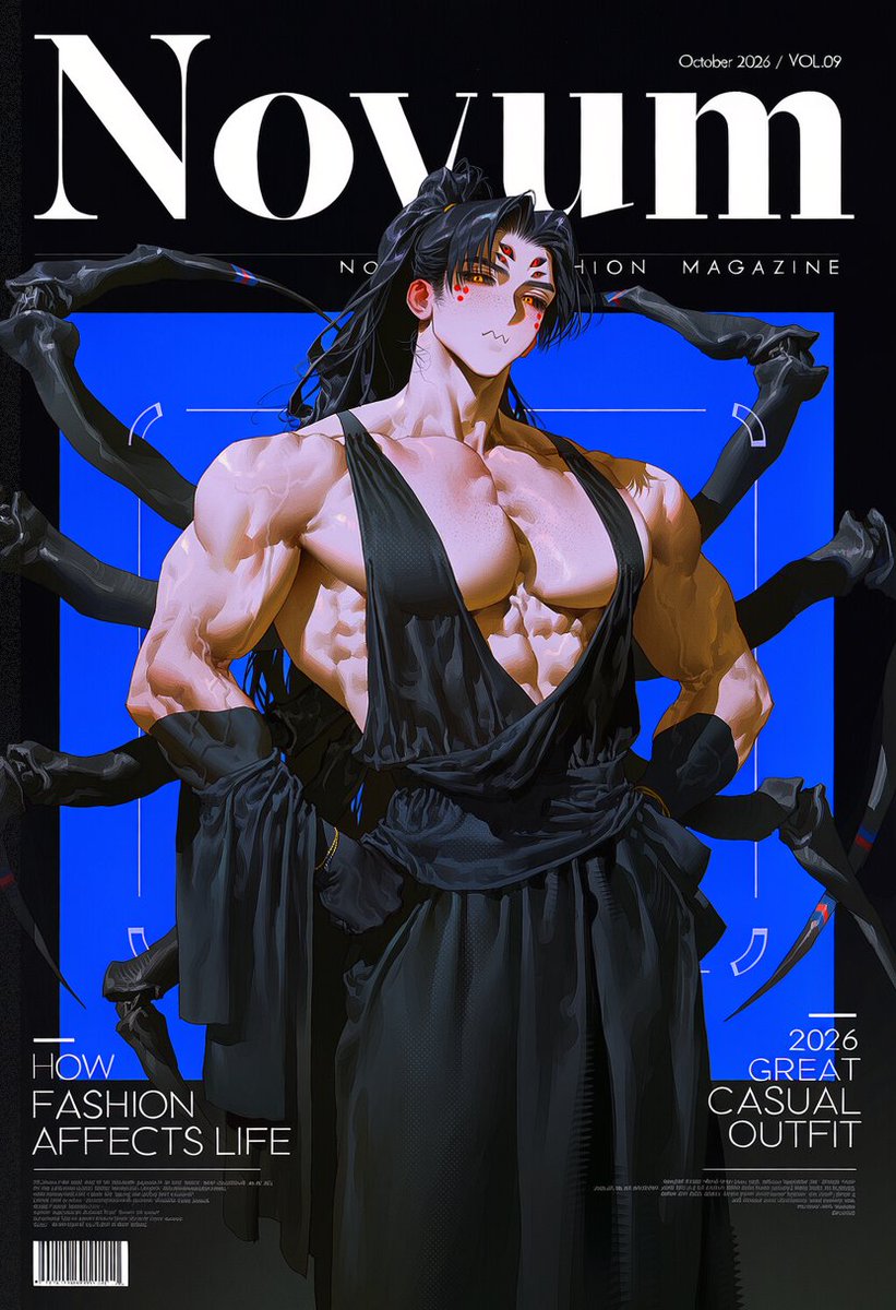 bla_bla_bunny's tweet photo. [Novum magazin]

#jt_prompt

1people, fashion magazine cover, vertical composition, editorial layout, black fashion photograph background, large central square color portrait photo layered over the background, blue rectangular selection frame around portrait, blue corner handles, halftone dot texture,

1.8::"Novum" large bold white typography at top::, "October 2026 / VOL.09" above title, "Novum FASHION MAGAZINE" beneath title, thin white horizontal divider, white editorial typography, "HOW FASHION AFFECTS LIFE" lower left, "2026 GREAT CASUAL OUTFIT" right side, "FIND YOUR INNER BEAUTY" lower right, small white body text blocks, barcode at bottom left