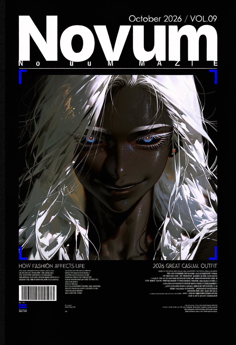 bla_bla_bunny's tweet photo. [Novum magazin]

#jt_prompt

1people, fashion magazine cover, vertical composition, editorial layout, black fashion photograph background, large central square color portrait photo layered over the background, blue rectangular selection frame around portrait, blue corner handles, halftone dot texture,

1.8::"Novum" large bold white typography at top::, "October 2026 / VOL.09" above title, "Novum FASHION MAGAZINE" beneath title, thin white horizontal divider, white editorial typography, "HOW FASHION AFFECTS LIFE" lower left, "2026 GREAT CASUAL OUTFIT" right side, "FIND YOUR INNER BEAUTY" lower right, small white body text blocks, barcode at bottom left