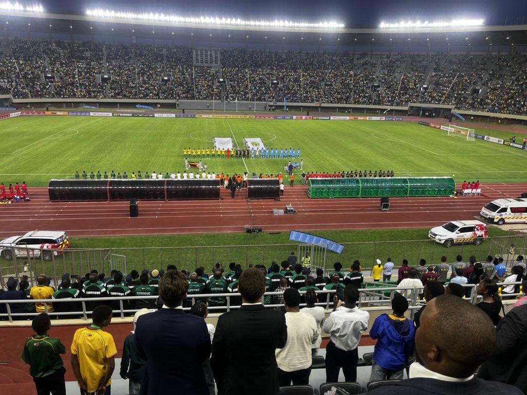 DeptCommsZW's tweet photo. H.E. President @edmnangagwa joins thousands of soccer lovers at the National Sports Stadium to watch the Africa Cup of Nations qualifier match between Zimbabwe and the Democratic Republic of Congo.

In an interview with the media at the end of the match, President Mnangagwa expressed satisfaction with the newly renovated National Sports Stadium, which he said now matches  international standards. The  President described the match as fantastic saying team had given its best. 

Zimbabwe lost 2-1 to the DRC.
