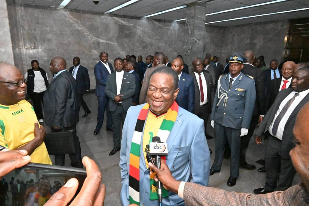 DeptCommsZW's tweet photo. H.E. President @edmnangagwa joins thousands of soccer lovers at the National Sports Stadium to watch the Africa Cup of Nations qualifier match between Zimbabwe and the Democratic Republic of Congo.

In an interview with the media at the end of the match, President Mnangagwa expressed satisfaction with the newly renovated National Sports Stadium, which he said now matches  international standards. The  President described the match as fantastic saying team had given its best. 

Zimbabwe lost 2-1 to the DRC.