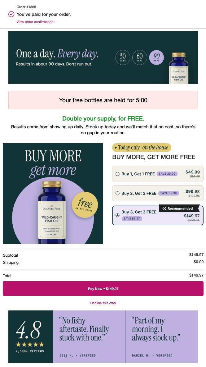 russell_kwokk's tweet photo. week 9 discovery: @aftersell brands have made MILLIONS with this offer  

"buy more, get more free" is by far the HIGHEST RPV strategy  

why? 
1: same product. zero new decision 
2: banner sells the need for product consistency 
3: copy makes the offer feel exclusive  

we made it a template so every brand can print from day 1