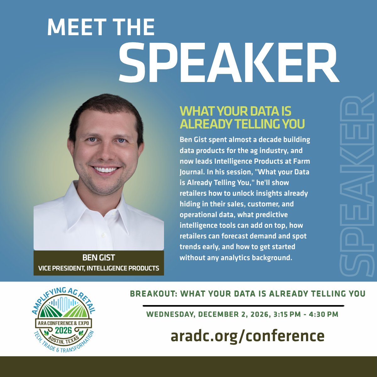 AgRetailers's tweet photo. Your data is important. Learn how to use what you already have.
Ben Gist, Vice President of Intelligence Products at Farm Journal, will present "What Your Data Is Already Telling You" at the 2026 ARA Conference & Expo. He'll walk through simple ways to get more value out of the sales, customer, and operations data your business already collects.
Catch his session on Wednesday, December 2, from 3:15 to 4:30 PM in Austin, Texas.

Register here: https://t.co/KKcm9mI1og