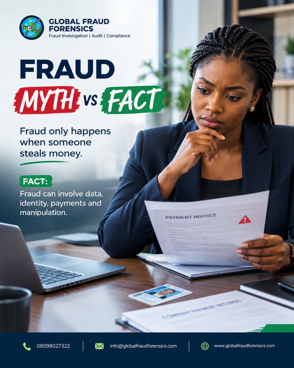 FraudXposeNG's tweet photo. We often think fraud only means money being stolen. But fraud can take many forms, including identity misuse, data manipulation, and false information.

Understanding the different ways fraud happens is the first step toward recognizing the risks around your organization.

#fraud https://t.co/yRKAFuHjZw