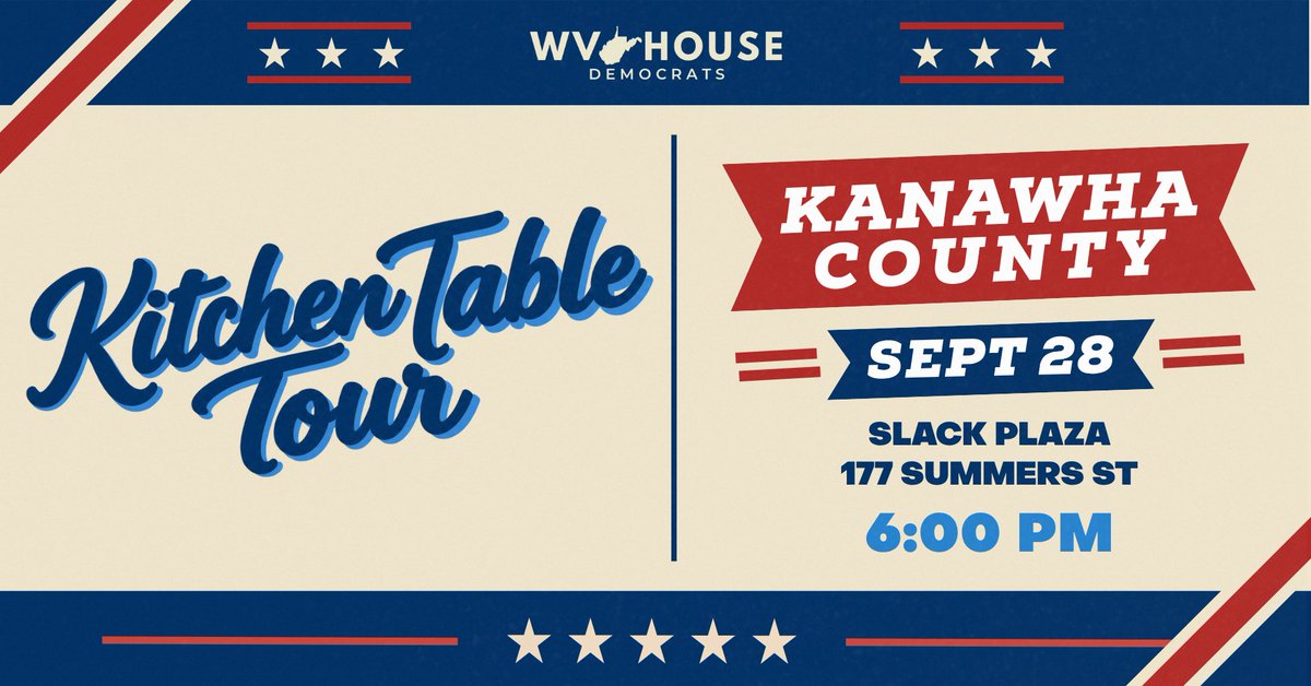 wvdemocrats's tweet photo. Tonight @wvhousedem will be bringing their 2026 Kitchen Table Tour rally series to Charleston! Come out, meet your local candidates and legislators, and hear from the Carpenter Ants at 6PM in Slack Plaza.

Register here: https://t.co/knDsPeG4Yj https://t.co/RHwuDSVwUW