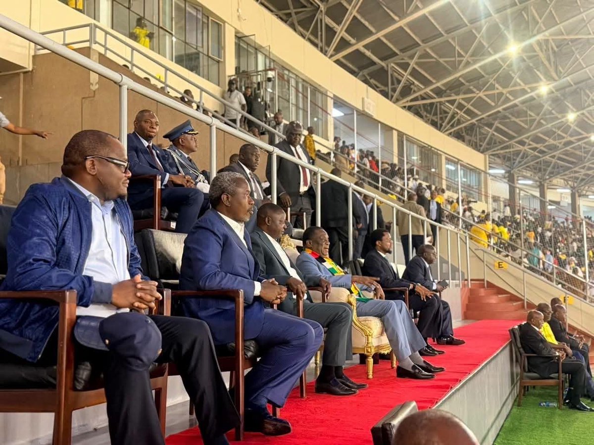 SIEACYBERTEAM's tweet photo. President @edmnangagwa was watching the game live at the National Sports Stadium, with DRC winning 2-1 against Zimbabwe. Even if we lost narrowly, it is comforting to see that Zimbabwe can host international games, through the infrastructure developments by the 2nd Republic. Present is Dr @paultungwarara , Dr Tagwirei, Minister Rtd Lt Gen Sanyatwe and ZIFA leader Magwizi. Thanks to President @edmnangagwa , we can now host international games!