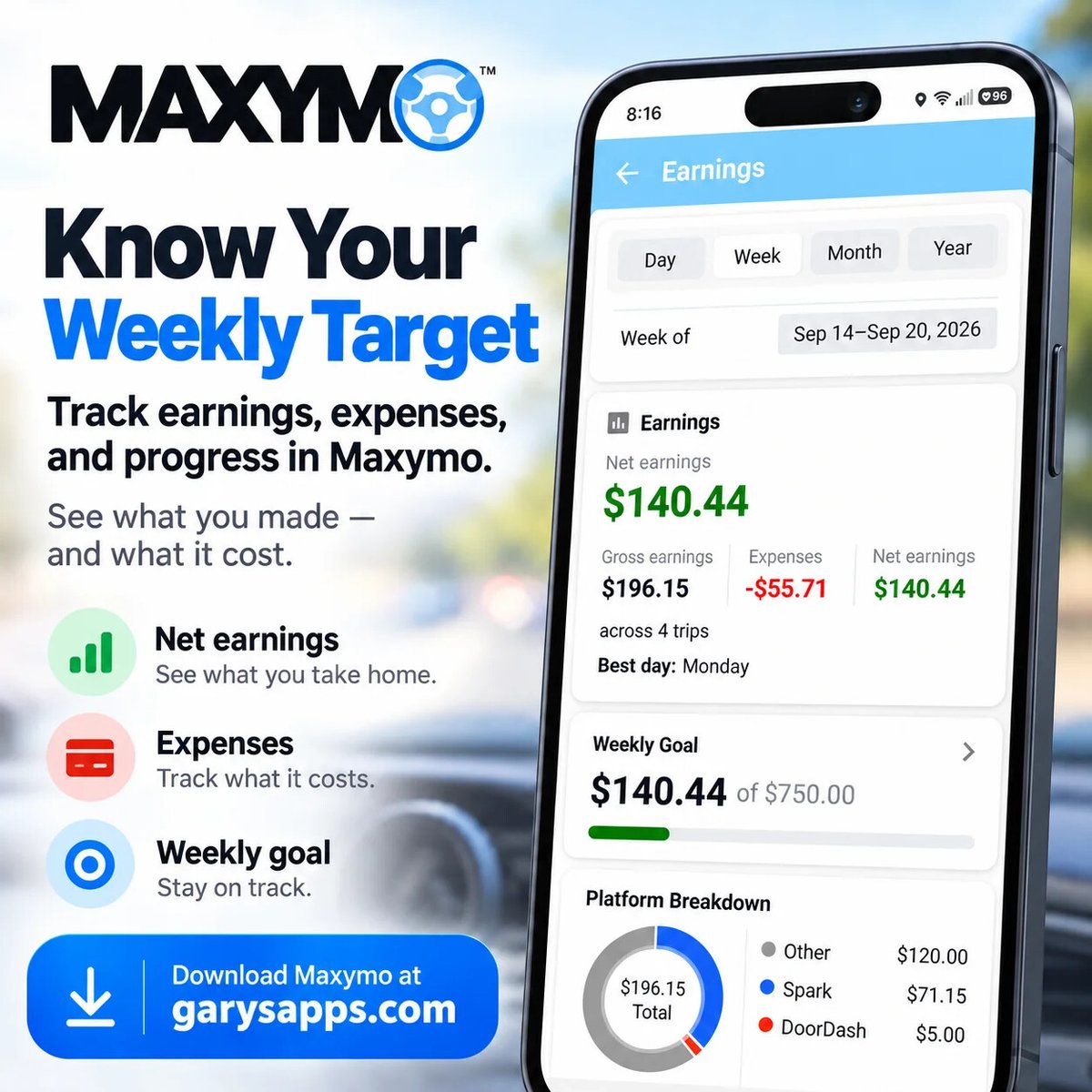 Middleton_Tech's tweet photo. Know what you’re driving toward. Maxymo helps set weekly earnings goals while tracking fuel/EV, maintenance, tires, and other expenses—so you know what each shift needs to produce. Download: https://t.co/qt2cRDDBh1

#GigDriver #DriverTools #DeliveryDriver #RideshareDriver #GigEconomy