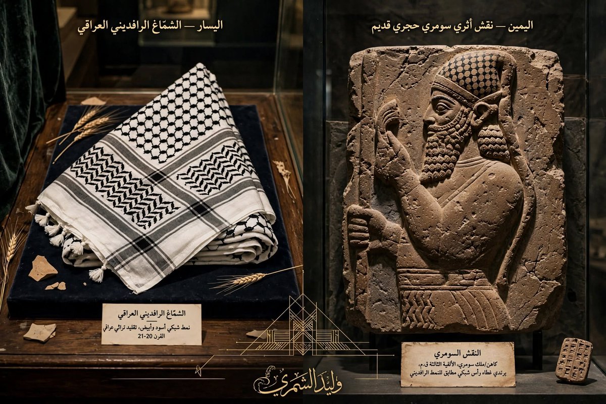 WKhmys17313's tweet photo. هل تعلم ان اول من اخترع الشماغ وارتداه هم العراقيون وقبل 5000عام وكان يسمى يش ماخ كلمة من مقطعين وتعني غطاء رأس الرجل العظيم والخطوط الموجوه تعني شبكة الصيد والخطوط المتموجه في الاسفل تعني المياه....
لم يسبقنا احد https://t.co/pK9VVYSxJP