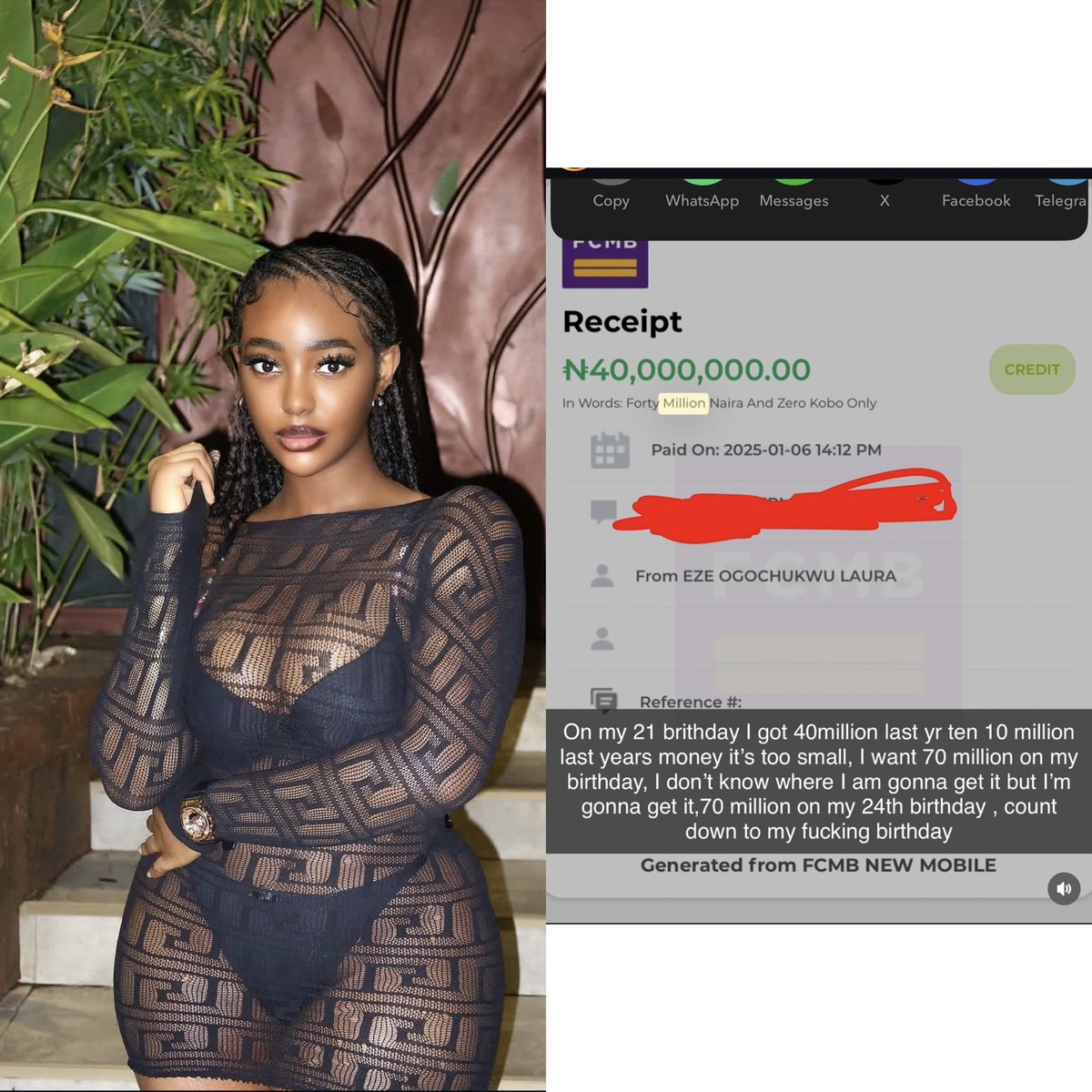 Nimisioluwa's tweet photo. Influencer Laura has made a public demand for ₦70 million for her 24th birthday, after receiving ₦40 million last year.

She said she doesn’t know where the money will come from yet, but she has made the intention public and promised herself that she will definitely get the ₦70 million. 😭😂

Gist with me Oremi 🤭🤭
