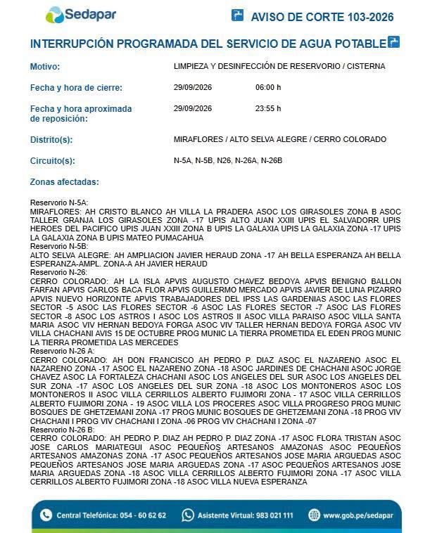 y_polemica's tweet photo. 🔵 #Arequipa CORTES DE SERVICIO DE AGUA POTABLE...

Sedapar informa para mañana martes 29 del presente, como se detalla a continuación 👇 https://t.co/1rP7IZGhqD