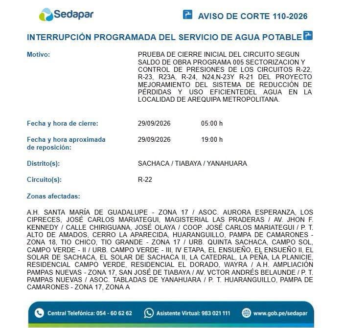 y_polemica's tweet photo. 🔵 #Arequipa CORTES DE SERVICIO DE AGUA POTABLE...

Sedapar informa para mañana martes 29 del presente, como se detalla a continuación 👇 https://t.co/1rP7IZGhqD