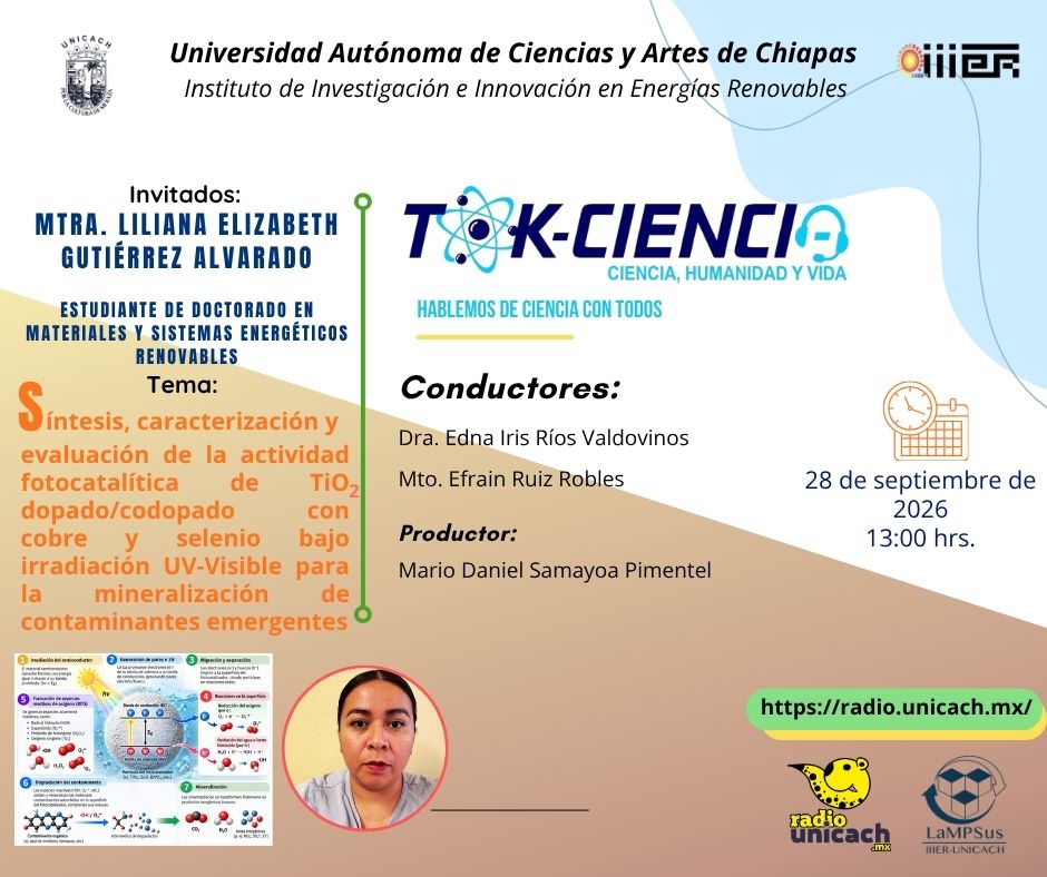Unicachfm's tweet photo. #TokCiencia
Conducen: Dra. Edna Iris Ríos Valdovinos y Mtro. Efraín Ruiz Robles.
Tema: Síntesis, caracterización y evaluación de la actividad fotocatalítica.
Invitado: Mtra. Liliana Elizabeth Gutiérrez Alvarado. https://t.co/OYP6euPd2W 13hrs. https://t.co/c4FOobBzVu