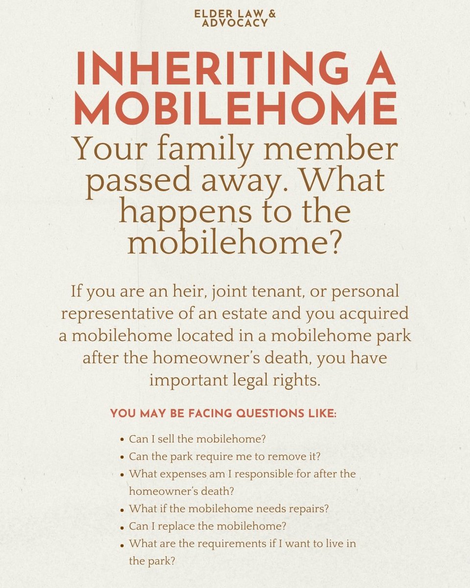 ElderLawAdvo's tweet photo. If you inherit a mobilehome located in a mobilehome park, you may suddenly find yourself navigating questions. If you need help understanding your options, Elder Law &amp; Advocacy may be able to assist.
📞 858-565-1392
🌐 https://t.co/pZ71XNect1
#ElderLaw&amp;Advocacy #MobilehomeLaw https://t.co/j0q0IfAFCK