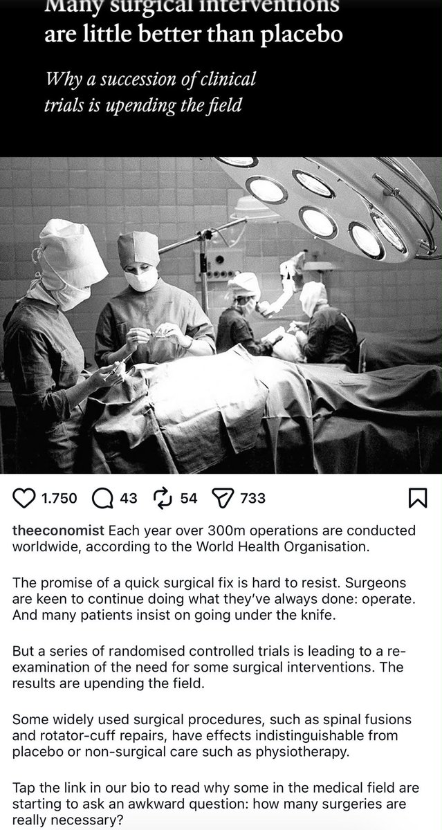 BUTUNCULTIP's tweet photo. **Birçok cerrahi müdahale plasebodan pek de üstün değil**Dünya Sağlık Örgütü'ne göre dünyada her yıl 300 milyondan fazla ameliyat yapılıyor.
Hızlı bir cerrahi çözüm vaadine direnmek zor. Cerrahlar her zaman yaptıkları şeyi sürdürmeye hevesli: ameliyat etmek. https://t.co/JvR8mLU7lk