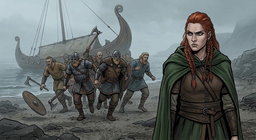 monoclemonky's tweet photo. Our saga begins on a desolate, misty beach in Vinland (North America). The expedition has been attacked. While Freydis she is initially isolated. The male warriors—supposedly the protectors—have panicked. This illustration establishes the initial low point: chaos, cowardice, and betrayal as the men scramble to the safety of the grounded longship, dropping their weapons in their haste to flee.
