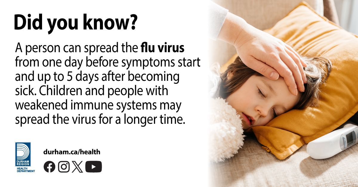 DurhamHealth's tweet photo. Did you know?
A person can spread the flu virus from one day before symptoms start and up to 5 days after becoming sick.

Children and people with weakened immune systems may spread the virus for a longer time.

For more information, visit: https://t.co/KJQYQt5tMQ https://t.co/5rLzcdmYVS