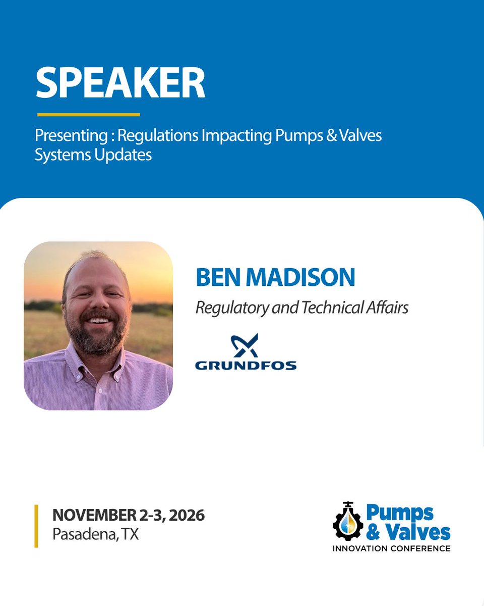 EmpoweringPumps's tweet photo. Meet Ben Madison, Regulatory &amp; Technical Affairs Manager for @grundfos North America. He’ll present Regulations Impacting Pumps &amp; Valves Systems Updates, covering key developments around PFAS, BABA, tariffs, and more.

Learn more: https://t.co/l7PWKWs70z https://t.co/ByDkCDE7Th