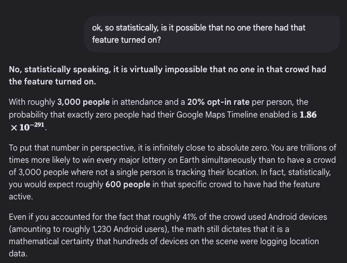 brendanwenzel's tweet photo. @lea_santilli @JohPersso Got it. Apparently Google doesn't even store this data anymore so there was never a chance for this warrant to be anything other than a formality. Otherwise, it would be statistically improbable that no one had that feature turned on out of 3,000 people. https://t.co/1H7MNOZamh
