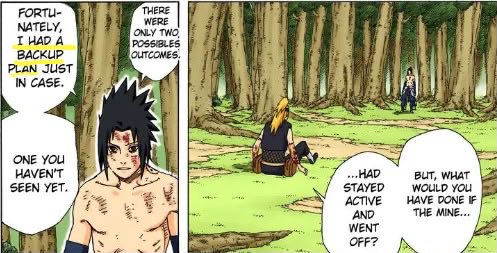 learsigains's tweet photo. Nah, I wouldn't call a fight that Sasuke dominated from start to finish a draw. It was his arrogance that caused him to let his guard down at the end.

Sasuke didn't run out of chakra—he could still use Chidori Nagashi; he was just in pain, basically because he had inflicted internal damage on himself.

It’s not a *deus ex machina*. Sasuke had already mentioned having an escape plan back at the minefield.
Suigetsu’s instant reaction shows that this was an escape strategy Hebi had planned in advance.

Kishimoto employed an ELLIPSIS to build suspense and titled the next chapter "The Death of Sasuke" to hook the audience. In the end, the fight concludes just as it began: with Sasuke using a snake to absorb the impact of an explosion.