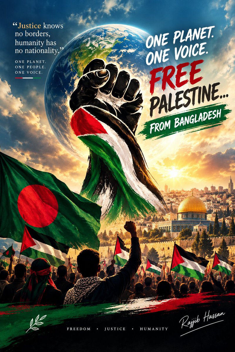 rajjib's tweet photo. One Planet. One Voice... Free #Palestine 🇵🇸✊... From  #Bangladesh 🇧🇩✊ https://t.co/fT9GkD6QLZ