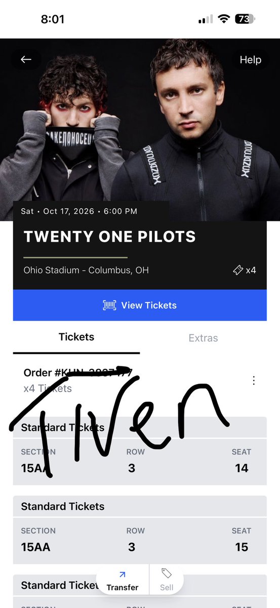 tiinOo_Flow's tweet photo. SELLING TWENTY ONE PILOTS TICKET✅
Saturday, October 17, 2026 • 6:00 PM
Ohio Stadium — Columbus, OH
DM if interested.
#TwentyOnePilots #Columbus #OhioStadium #ColumbusConcerts #TwentyOnePilotsLive #OhioConcerts #TOP2026 #VMAs https://t.co/BLMXEwt1VG