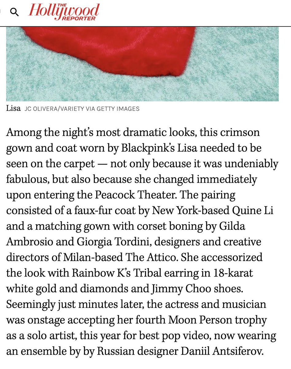 btf0327's tweet photo. LISA on @THR homepage for VMAS: The Night's Most Talked-Abut Style article

“Among the night’s most dramatic looks, this crimson gown and coat worn by Blackpink’s Lisa needed to be seen on the carpet.” https://t.co/SD0VyjuFiB