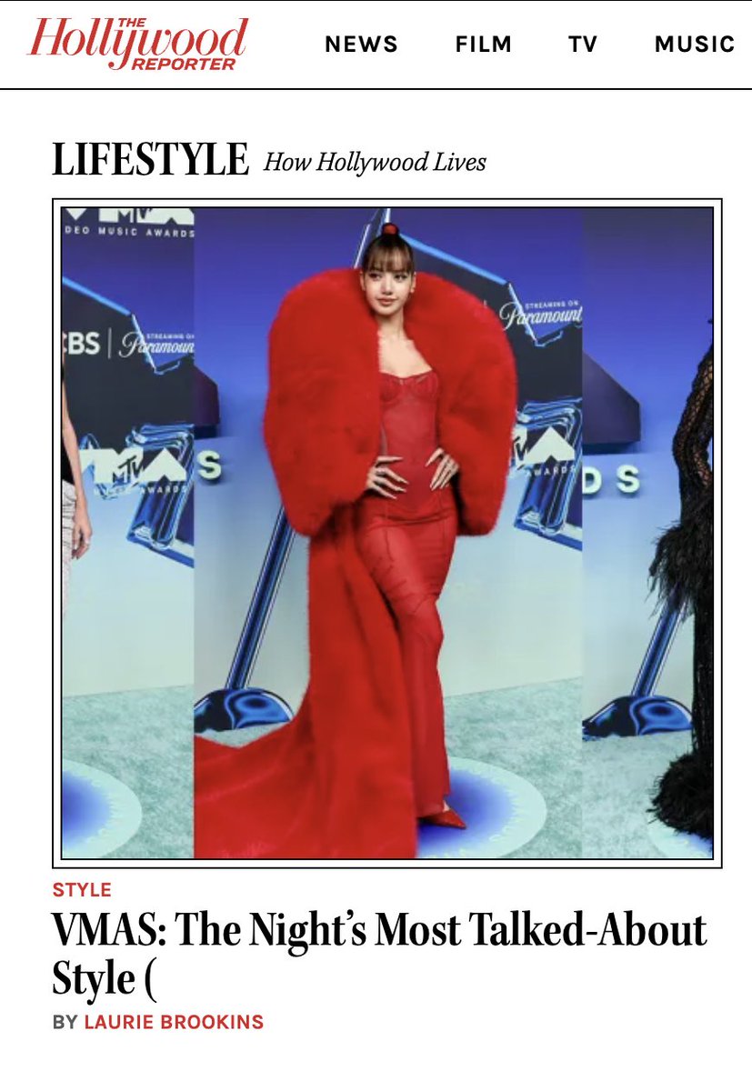btf0327's tweet photo. LISA on @THR homepage for VMAS: The Night's Most Talked-Abut Style article

“Among the night’s most dramatic looks, this crimson gown and coat worn by Blackpink’s Lisa needed to be seen on the carpet.” https://t.co/SD0VyjuFiB