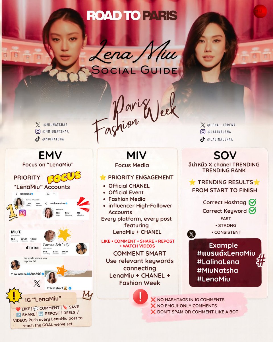 trendlmneverdie's tweet photo. ROAD TO PARIS 🇫🇷

LENAMIU — Paris Fashion Week
Womenswear SS27

เตรียมตัวให้พร้อม
โฟกัสให้ตรงจุด • ไปในทิศทางเดียวกัน

ONE GOAL • ONE DIRECTION • ONE TEAM

SOCIAL GUIDE แนวทางสำคัญให้ GBBs
เพื่อส่งพลังให้ LENAMIU ก้าวสู่ Paris Fashion Week 🇫🇷

#LenaMiu #ลีน่าหมิว
#Lalinalena #ลีน่าลลินา
#MiuNatsha #หมิวณัชชา