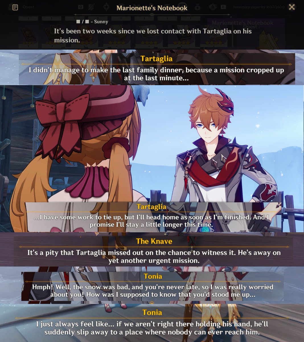 fontainecakes's tweet photo. okay, there is officially SOMETHING going on with tartaglia on a mission and going "missing", or, not making it home. and this foreshadowing started back in nod-krai!! https://t.co/LlJuUJZYPL