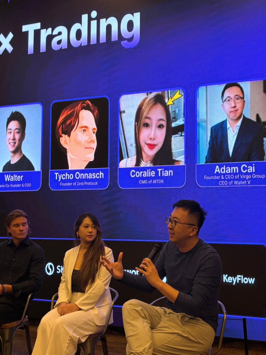 Virgo_Global's tweet photo. 🇰🇷 Great conversations at AI Meets the Chart at Korean Blockchain Week! 

Our Founder & CEO, Adam Cai (@AdamCai15 ), joined the AI × DeFi × Trading panel with @Origins_Carlos, CEO of @OriginsNetwork_; @TychoOnnasch , Founder of @ZestProtocol; and founders and leaders from @UniKey_EN, @Travix_fi, and @AiTok_io.  

Thanks to @GaeaVentures and @K1_Research
for hosting this event!