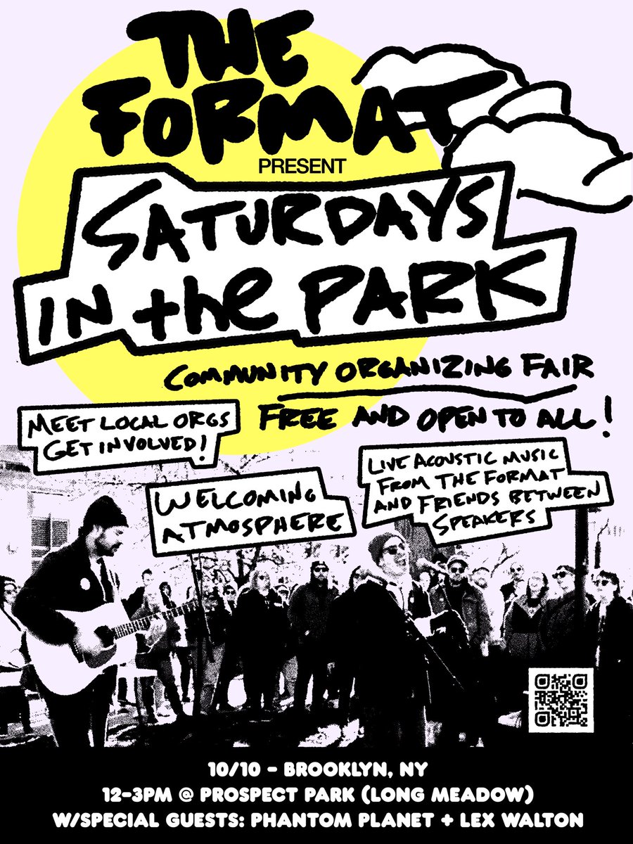 theformat's tweet photo. Come hang with us in Prospect Park (Brooklyn, NY) on 10/10 - the day after we play @RadioCity - for Saturdays In The Park! Come meet other Format fans, learn about local orgs, make buttons, and get involved with important work in your community. It’s free and all ages. https://t.co/9FYDA35r3Q