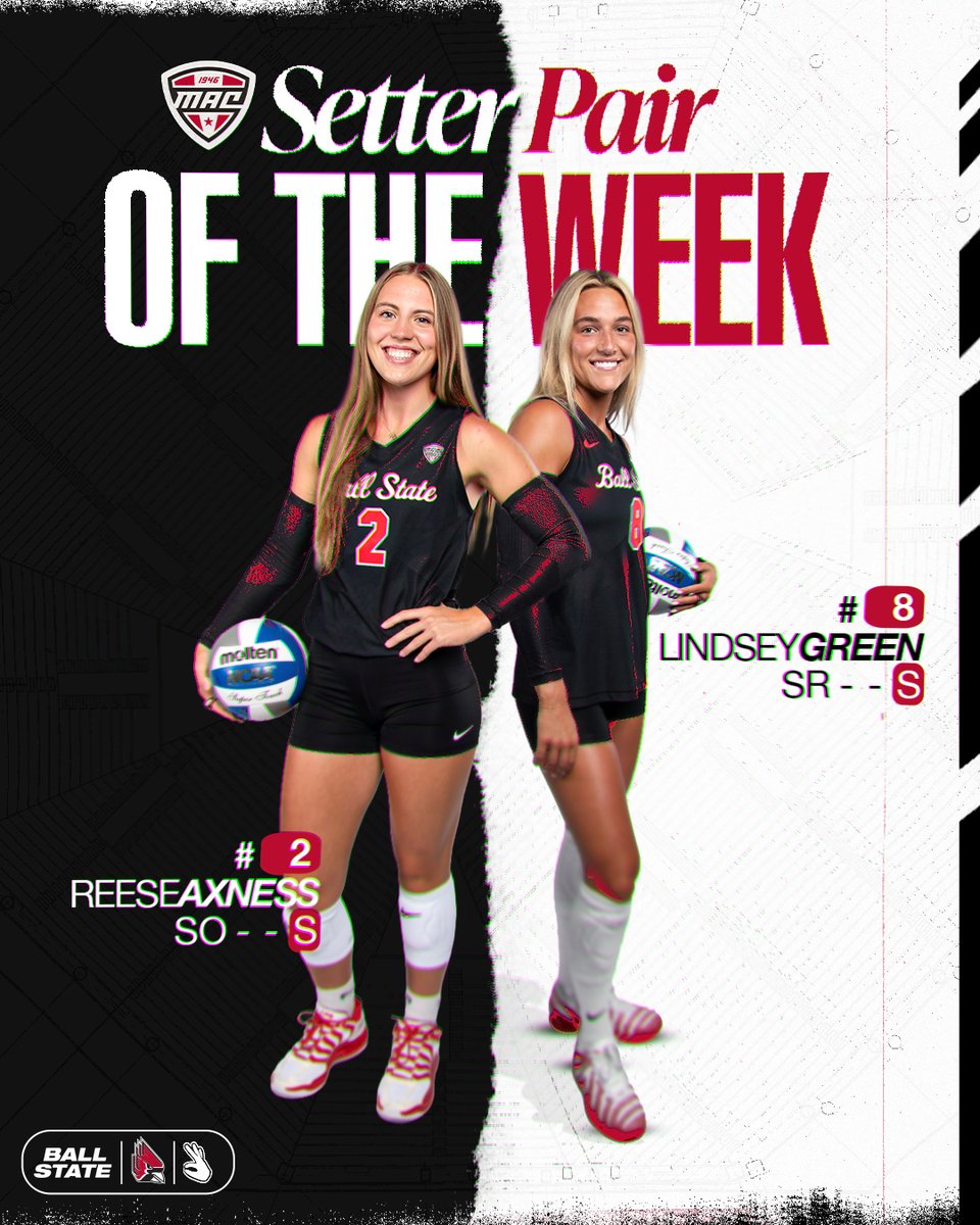 BallStateWVB's tweet photo. HOW SWEEP IT IS!!!

Congrats to our @MACSports Weekly Award Winners
Offensive - Ava Smith
Defensive - Sophie Ledbetter
Setter Pair - Reese Axness / Lindsey Green

Story: https://t.co/9yBt7ADARD

#ChirpChirp x #WeFly x #MACtion https://t.co/rT4ro8CrnF
