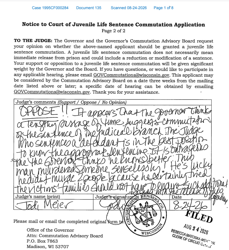 Vanwanggaard's tweet photo. Kenosha County Judge Jodi Meier hits the nail on the head in her opposition to Dequelvin Douglas's commutation request.

"The judge who sentences a defendant is in the best position to know the appropriate sentence. It is outrageous that the governor thinks he knows better." https://t.co/1RNRrdjUc2