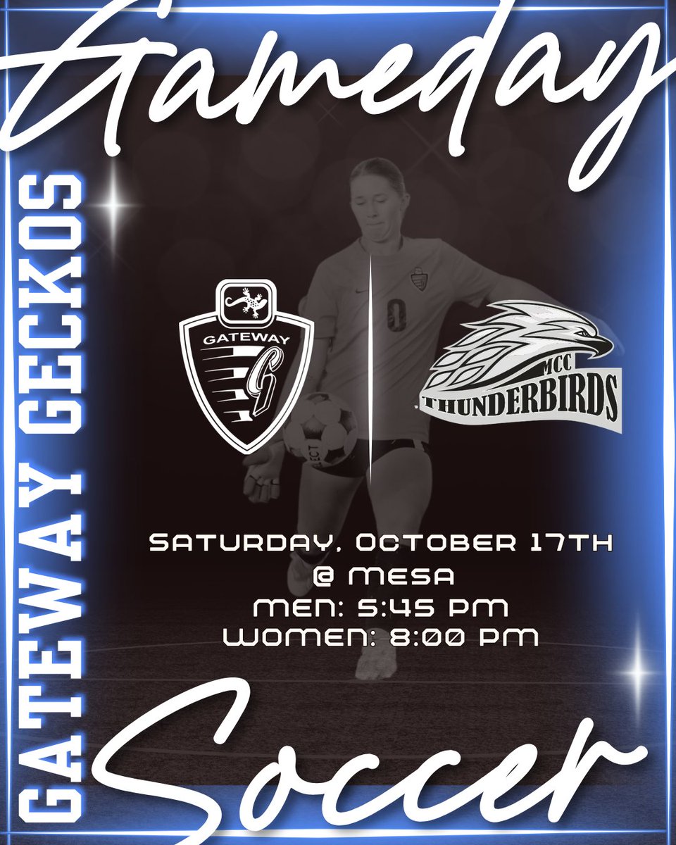GateWayGeckos's tweet photo. 🦎⚽Soccer Gameday! ⚽🦎

⚽ @GateWaySoccer Men
🕐 5:45 PM
⚽ @GateWaySoccer Women
🕐 8:00 PM
🆚 @TBird_Athletics 
📍 @mesacc 

@gatewayaz @accac_sports @NJCAA https://t.co/YG99Lpsijc