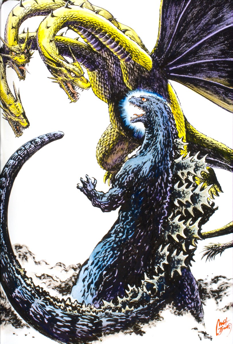 4k_Kaijueiga's tweet photo. "Three-Headed Dragon Attack" Illustrated by Shinji Nishikawa (2016) https://t.co/A6gV5YT8fN
