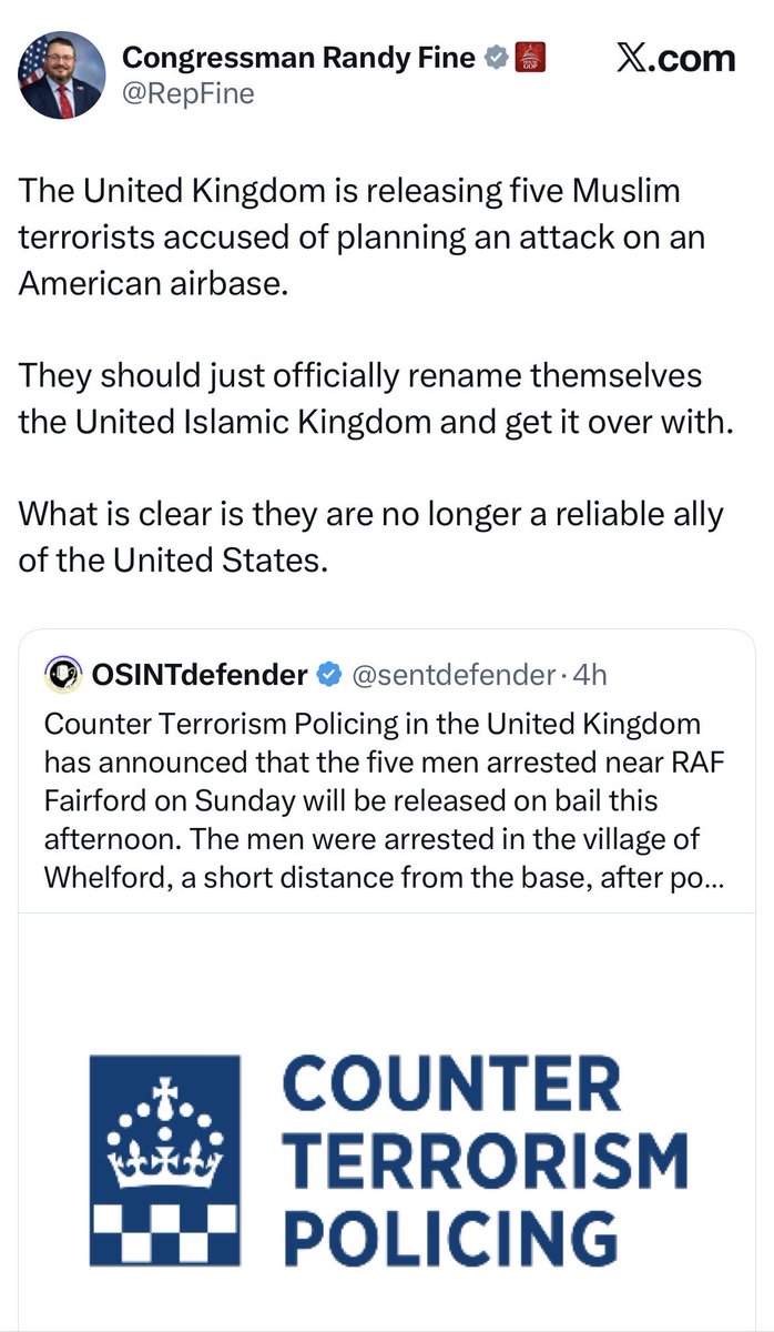 King0243_PJC's tweet photo. You exposed yourself. 5 unnamed British men were arrested on suspicion and released on conditional bail while the investigation is still live. 

You decided they were “Muslim terrorists,” decided the case was over, and decided a centuries old alliance was finished because the Met didn’t keep five uncharged suspects in a cell for your engagement. 

Americans deserve the idiots like you. You are congressman who can’t tell the difference between a police update and a sermon, so you  write the ending yourself and calls it facts.