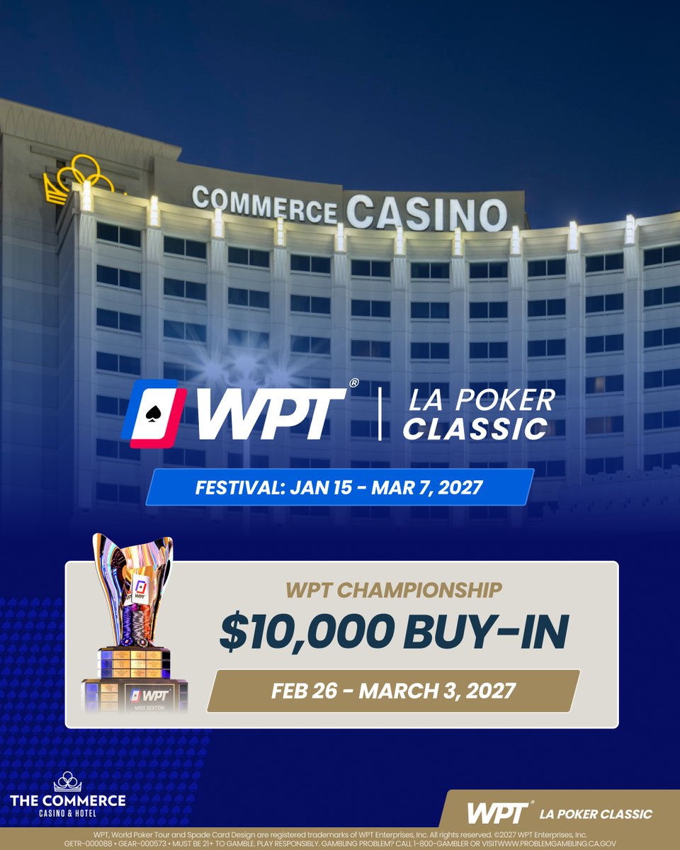 WPT's tweet photo. 🌆 WPT LAPC Festival -- Jan. 15 - March 7

🏆 $10,000 WPT L.A. Poker Classic Championship -- Freezeout -- Feb. 26 - March 3

📍 @CommerceCasino 

🔗 Press Release
https://t.co/3lMtGt1NeV https://t.co/MtEwrJTZ0G