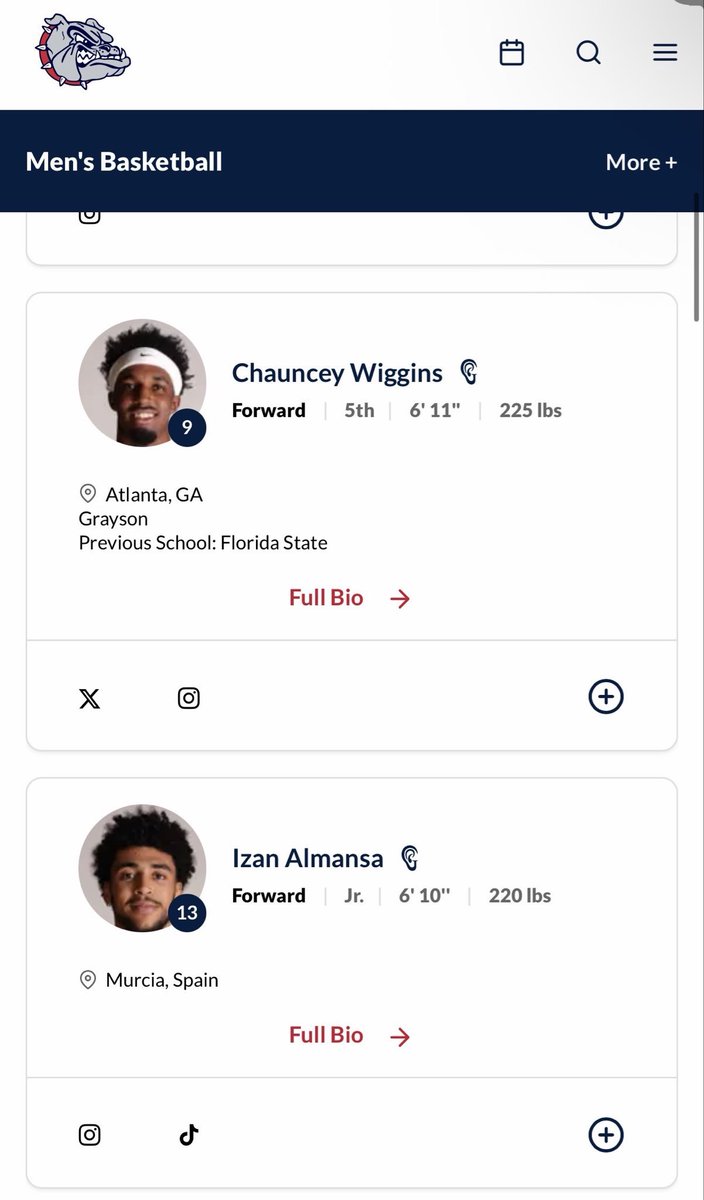 conexion_NCAA's tweet photo. El murciano Izan Almansa ya aparece en la web de Gonzaga Bulldogs como jugador de la plantilla. Parecen buenas noticias sabiendo que aun no era oficial su llegada ni su elegibilidad, aunque según nos dijeron hace un mes, no debería de correr riesgo alguno. Muchas ganas de verlo. https://t.co/nEWMzjHJRD