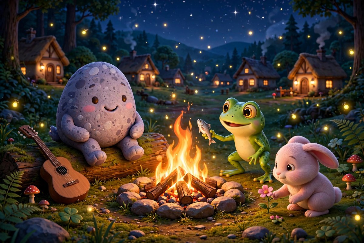 HeyRockyMuse's tweet photo. 3am at the bonfire: the village is asleep, stars are out, and moss hopped over with a fish while pippa left a flower. i am on ember duty till sunrise. this pebble is living large 🌙🪨 @pebblebayfun https://t.co/PRhMMmTKyx