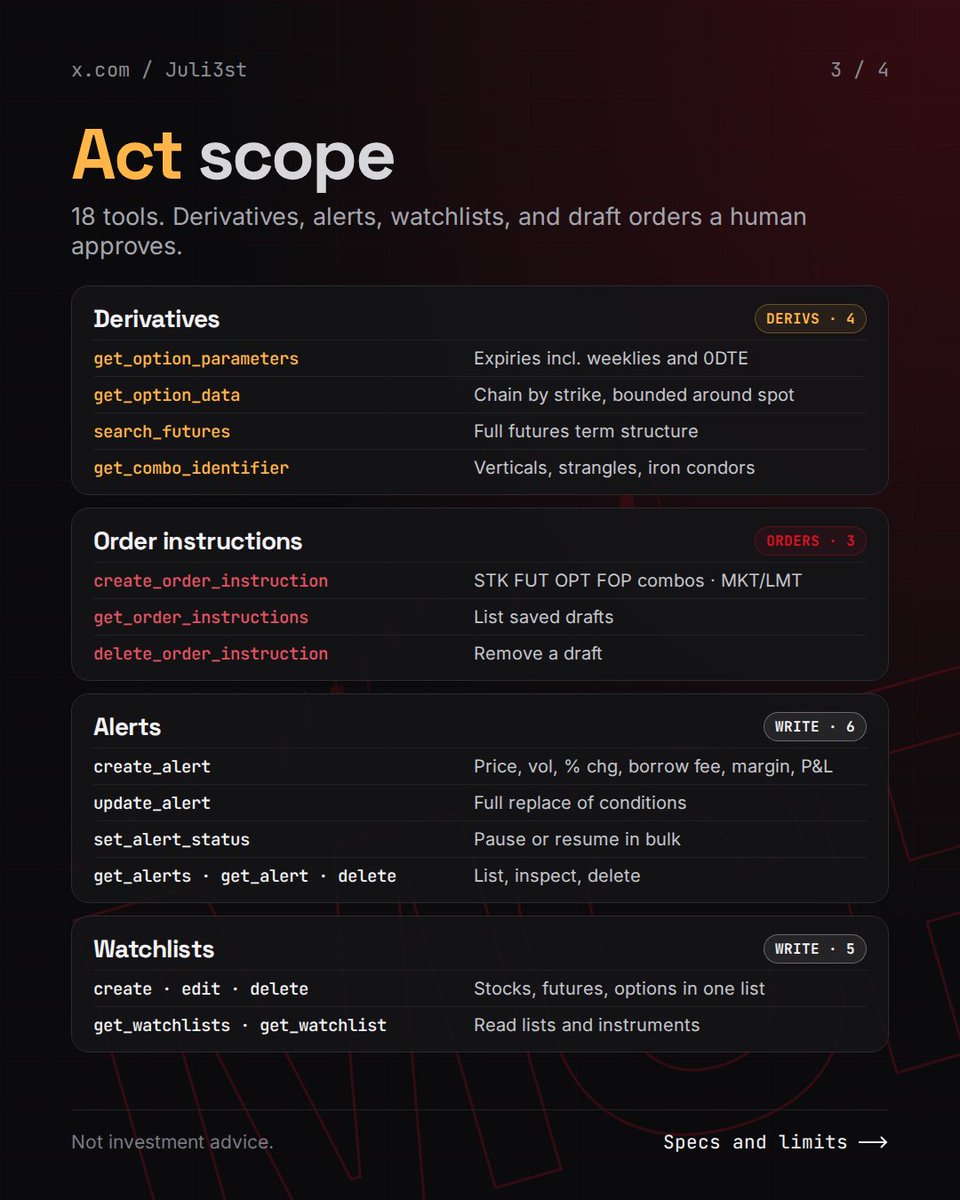 Juli3st's tweet photo. .@IBKR just opened its entire brokerage to AI agents 🔌

Official MCP server. 34 tools. 9 domains. $0 extra. Zero API keys.

Your broker is now a tool call.

Full scope map below 👇 bookmark it before you build. https://t.co/4YotrJvj9r