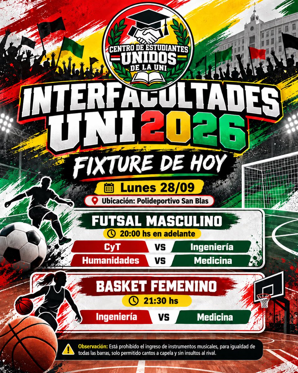 FedEstUni2026's tweet photo. 👉🏻 ¡Fixture Oficial para la jornada de hoy!

Les esperamos a todos para disfrutar de esta fiesta deportiva universitaria.

Entradas: 2.000 GS. https://t.co/w1FE8mY1ew