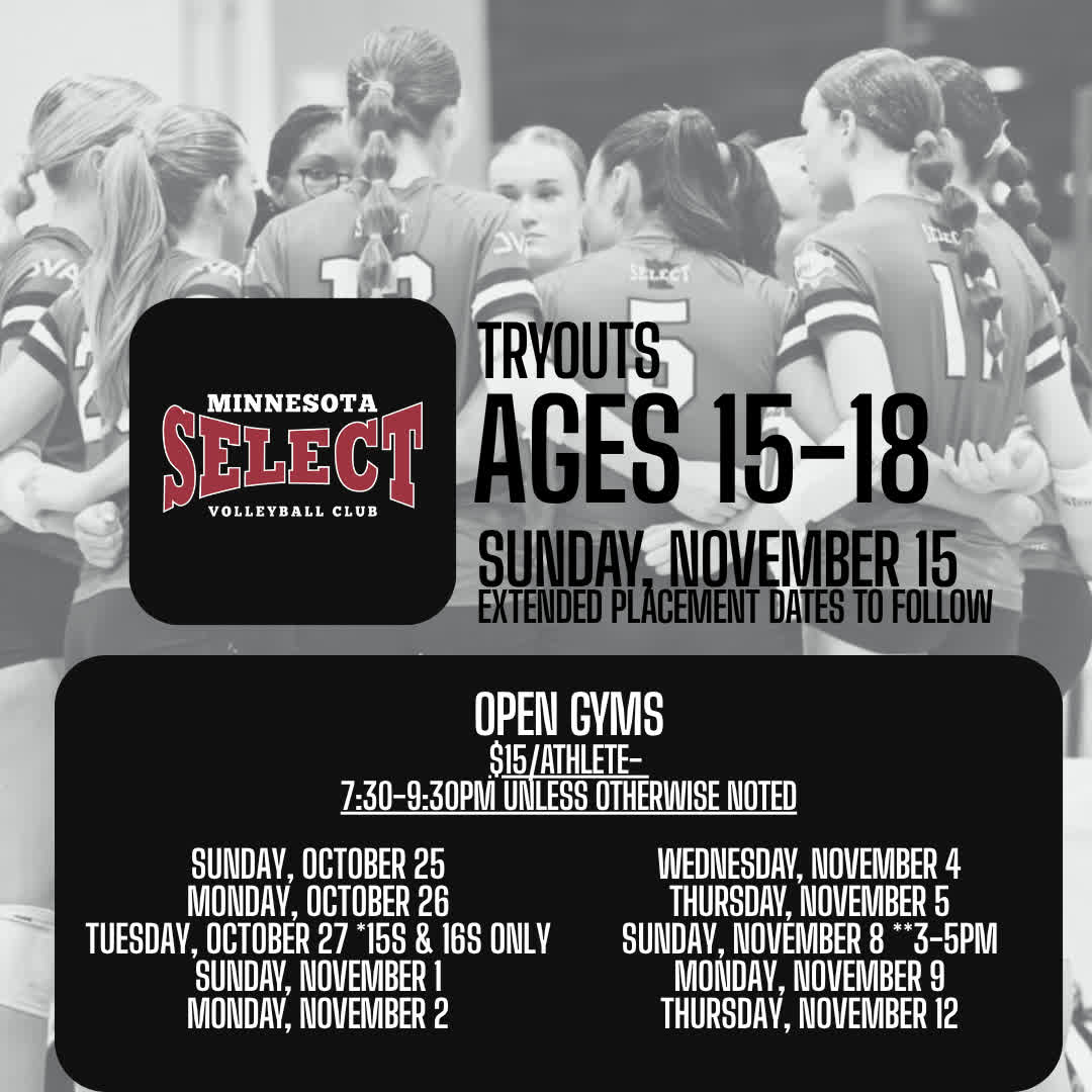 MNSelect's tweet photo. Save the dates for our girls' season Open Gyms and Tryouts! Check out https://t.co/w6jw4mCX5M for season details and to register for tryouts! https://t.co/8TUhID0dzp