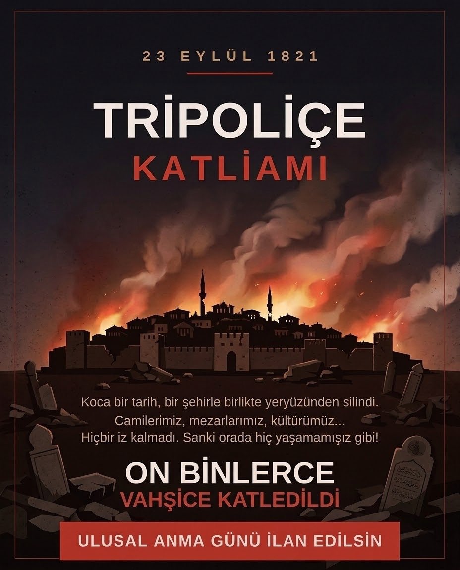 bluemoonyellows's tweet photo. Bir düşünün…
40.000 insan öldürülüyor.
Ve ardından onların mezarları başında dua edecek bir nesil bile kalmıyor.

Tripoliçe’de olan tam da buydu.

Kadınlar, çocuklar, yaşlılar…
On binlerce Türk  vahşice katledildi.

Öyle büyük bir felaketti ki, Yunan millî marşının dizelerinde bile geride “ AĞLAYACAK BİR GÖZ, ANLATACAK BİR AĞIZ ” kalmayacağından söz ediliyordu.

Bugün üzerinden 205 yıl geçti.

Ama hâlâ onların adına bir anma günü yok.

Onları hatırlayan biz olalım.
Onların ardından bir Fatiha okuyan biz olalım.
Unutulmalarına izin vermeyen biz olalım.

23 Eylül, Tripoliçe ve Mora’da katledilen Türkler için resmî Ulusal Anma Günü ilan edilsin.

Eğer sen de onların unutulmaması gerektiğine inanıyorsan, bir imza ver.

Çünkü bazen bir imza sadece bir imza değildir.

205 yıl önce susturulan bir insanın ardından,
“Sen unutulmadın.” demektir.

✍️ Kampanyaya destek ol:

https://t.co/igCUidqf2X