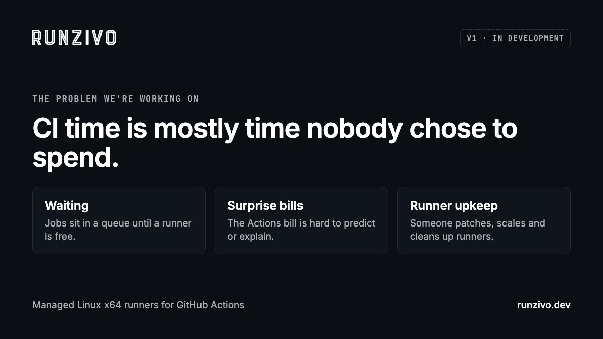 runzivo's tweet photo. CI time is mostly time nobody chose to spend: jobs waiting for a runner, hard-to-predict bills, self-hosted runners someone has to patch.

We're building Runzivo to take that off your team, starting with Linux x64 runners for GitHub Actions.

More: https://t.co/1rUOhhwNdR https://t.co/s8O4JAJmgn