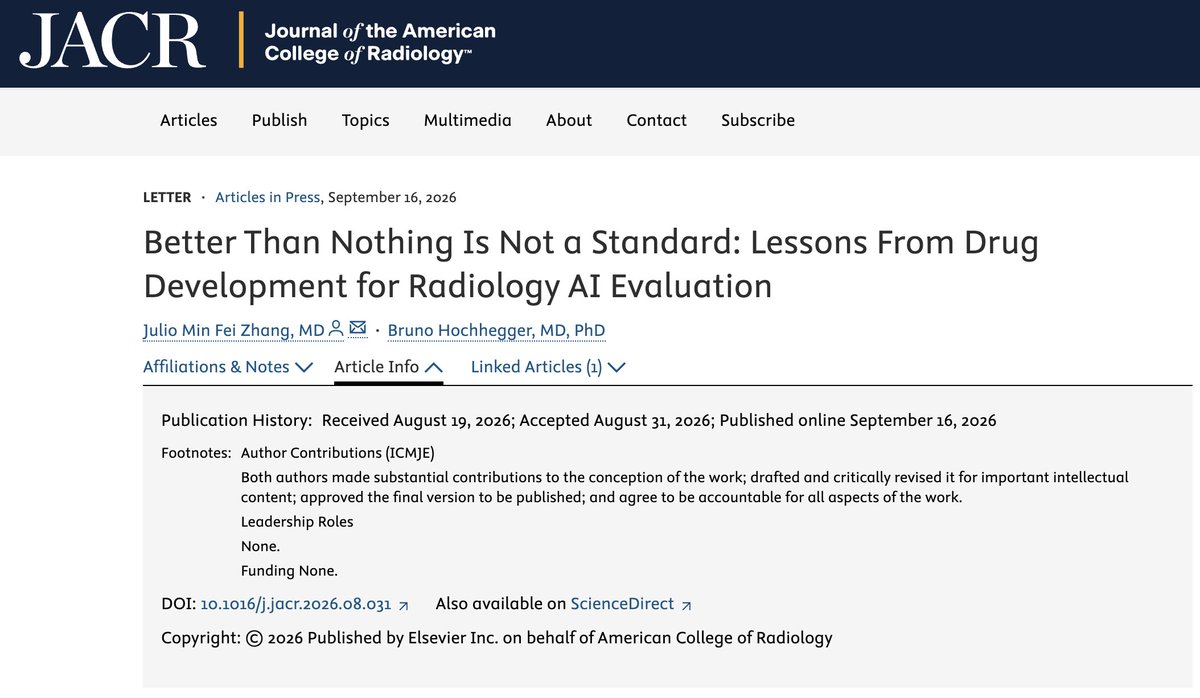 MDZhang_Julio's tweet photo. “Better than nothing” is not a standard.

Where a radiologist read is possible, no read is not a fair comparator. Validate AI like any intervention: randomized against best proven care, monitored after deployment.

First, do no harm. 

New JACR letter: https://t.co/WJWjVtPbyl https://t.co/l4V1U3aMuz
