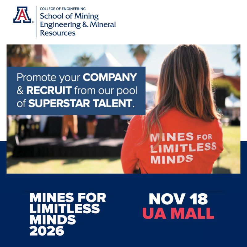 azmining's tweet photo. 🚨Exhibitor registration is open for Mines for Limitless Minds!

Hosted by the UA School of Mining Engineering &amp; Mineral Resources, this event connects students with mining and minerals career opportunities. @uaz_minerals 

⛏️ Reserve your exhibitor spot: https://t.co/G6CvGYNL2e https://t.co/dse8DmRWEt