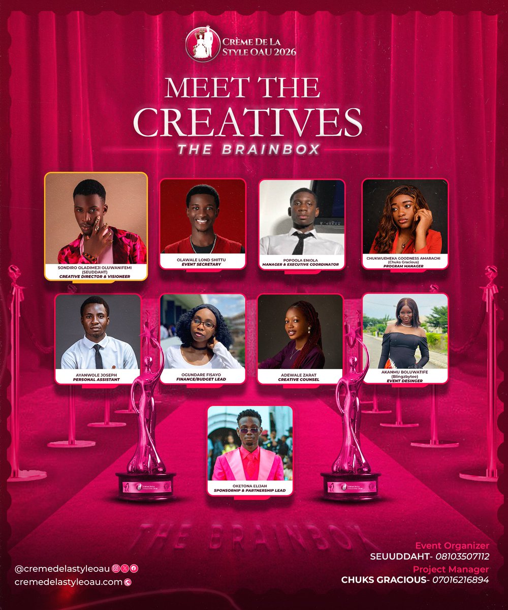 SEUDDAHT_IRL's tweet photo. MEET THE CREATIVE FORCE BEHIND THE CRÈME DE LA STYLE FASHION REVOLUTION.

Every great vision needs a team capable of turning ideas into reality.

From creative direction and strategy to finance, operations, partnerships, event design and execution, this is the team working behind the scenes to bring the vision to life.

Meet the people building what happens before the curtains open.

 JOIN THE REVOLUTIONARY MOVEMENT BELOW 
https://t.co/lNtA3wjJRb

 FOR ENQUIRIES:
@Chuksgracious 
@FORTUNETISE22