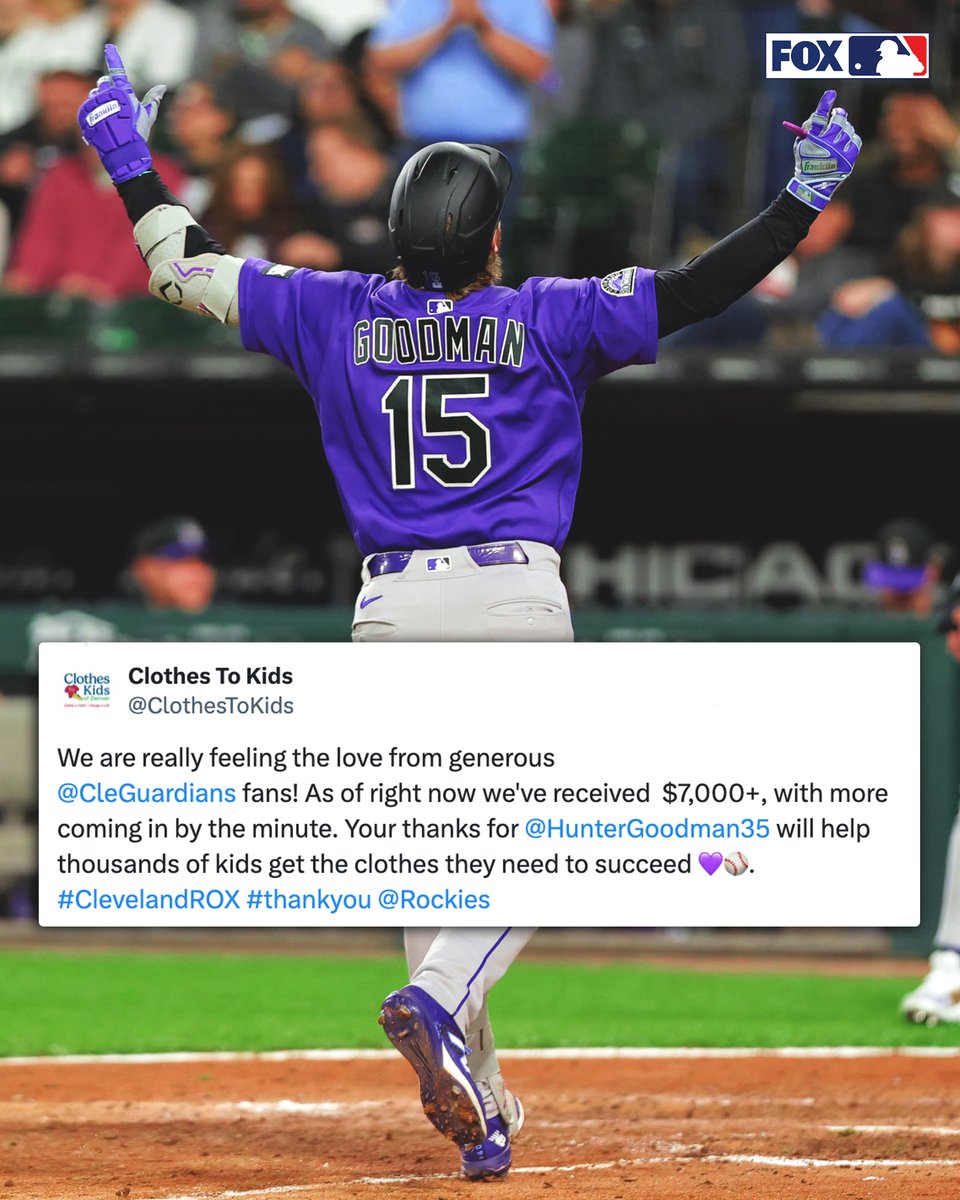 MLBONFOX's tweet photo. As a thank you to the @Rockies and @HunterGoodman35 for beating the White Sox over the weekend, which allowed the @CleGuardians to clinch the AL Central, Cleveland fans have been donating to a Denver charity that Goodman works with π
π: https://t.co/9D30cvdBYC https://t.co/dsqRFAtACN