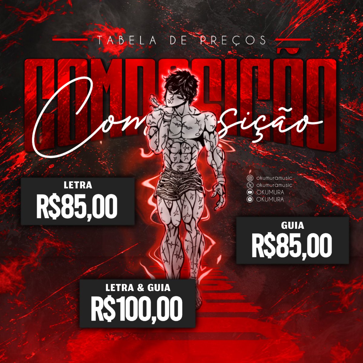 OkumuraMusic's tweet photo. Salve rapazeada, to aberto para comissão de Letra &amp; Guia, essa é minha tabela de preço.
Quem tiver interesse chama no Discord, porque aqui no Twitter talvez eu acabe não vendo.

Portfólio: https://t.co/CWhlDryk0H

Discord: okumuramusicas https://t.co/AjbethFiM7