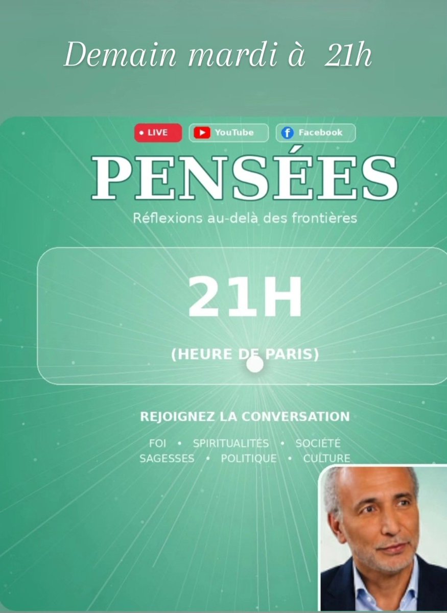 TariqRamadan's tweet photo. Pensées
1 #spiritualités Psychologie de la paix 
2 #politique Psychologie de la guerre ... cas de la #palestine 
3 #Éducation : défis contemporains https://t.co/HpCmy3K9Fy