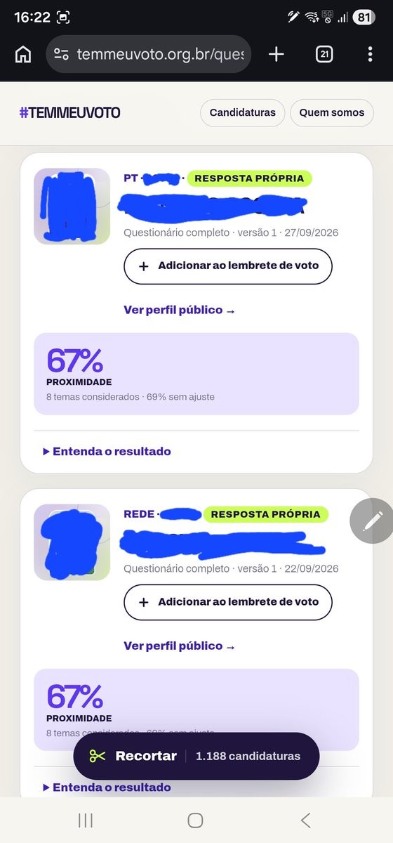 Lalinhafofoca's tweet photo. Já que estão reclamando do site que o Luciano Hulk divulgou ontem, resolvi testar.

Façam o teste, eu fiz respondendo como se fosse uma pessoa de esquerda e pronto, deu Psol, PT, Rede e PSD.

Logo, se vc está respondendo de acordo com oq vc realmente pensa e no seu está dando candidato de direita, é pq VOCÊ não é tão de esquerda quanto pensa. 😅😅